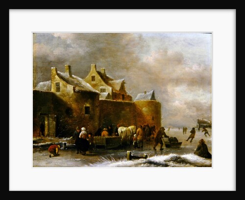 A Winter Landscape with Numerous Figures on a Frozen River Outside the Town Walls by Claes Molenaer