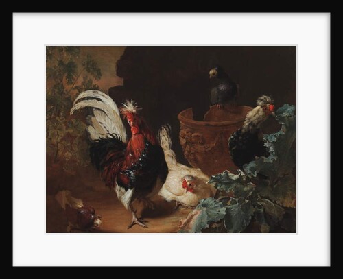 A rooster, two chickens and two pigeons by an antique chipped terra cotta vase in a landscape, 1695 by Abraham Bisschop