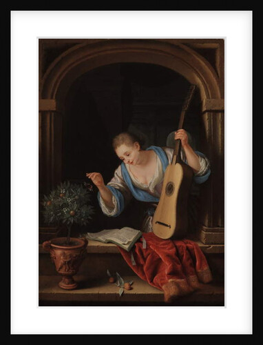 A young woman with a guitar in a window niche by Pieter Leermans