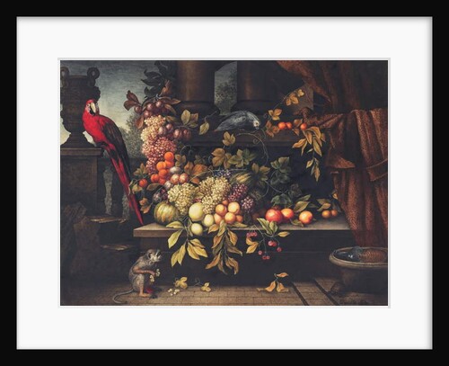 A still life with fruit, wine cooler, monkey, parrots and a turtle in a portico by David Emil Joseph de Noter