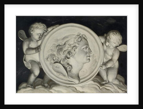 Zephyr in a painted roundel supported by putti floating on clouds by Jacob Xavery
