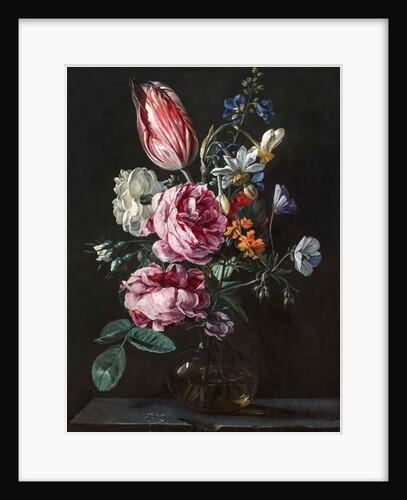A Bouquet of Narcissus, Parrot Tulip, Roses and Other Flowers in a Glass Vase on a Stone Plinth, c.1650s by Antwerp School