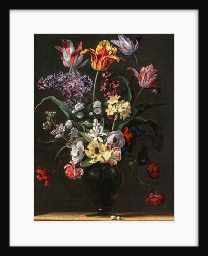 Tulips, Lilies, Daffodils, Lilacs, and Other Flowers in a Glass Vase on a Wooden Ledge, one of a pair, 17th century by Jean Picart