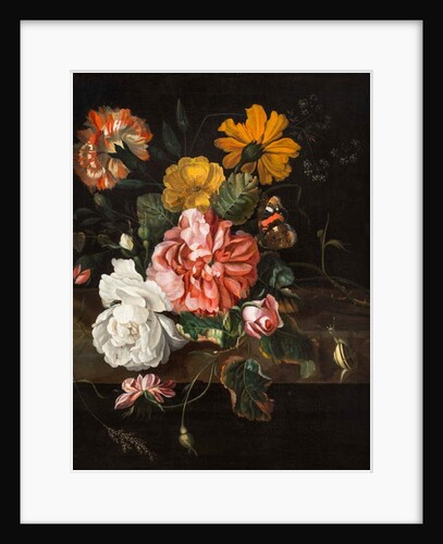 Roses with a Butterfly, Bluebottle and a Snail on a Stone Ledge by Ernst Stuven