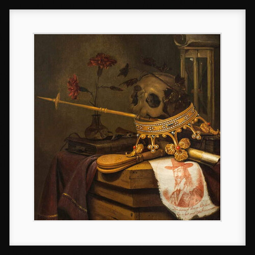A Vanitas Still Life with a Skull, Crown, Sceptre, Flute, Bellows, Hourglass, Carnations in a Glass Vase, Scroll, Book and an Engraved Portrait of Charles I by Vincent Laurensz van der Vinne