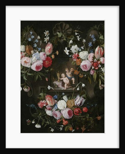 A Cartouche Still Life of Flowers Around an Allegorical Image of Putti with Costly Objects and a Mask, 1648 by Jan van & Balen Hendrik van (1575-1632) Kessel