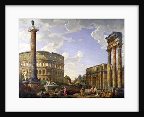 Roman Capriccio Showing the Colosseum, Borghese Warrior, Trajan's Column, the Dying Gaul, Tomb of Cestius, Arch of Constantine and the Temple of Castor and Pollux by Giovanni Paolo Pannini or Panini