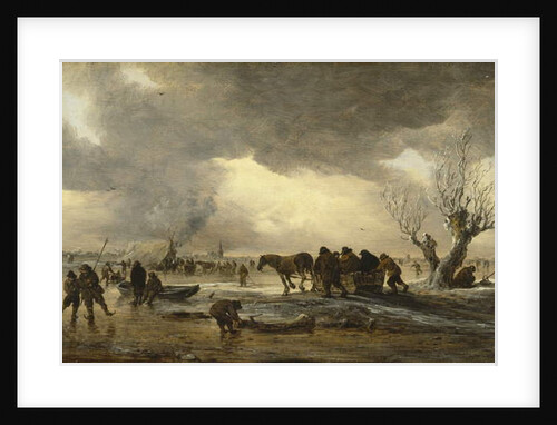 Winter scene with a sledge in the foreground and figures gathering round a tent on the ice, 1653 by Jan Josephsz van Goyen