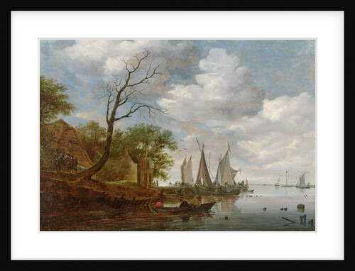 River Scene with Sailing Boats unloading at the Shore by Salomon van Ruisdael