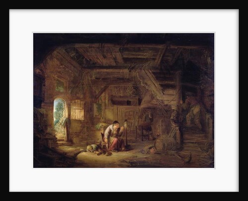Interior of a barn with an old woman at a distaff by Isack van Ostade