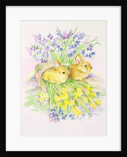 Rabbits in a basket with Daffodils and Bluebells by Diane Matthes