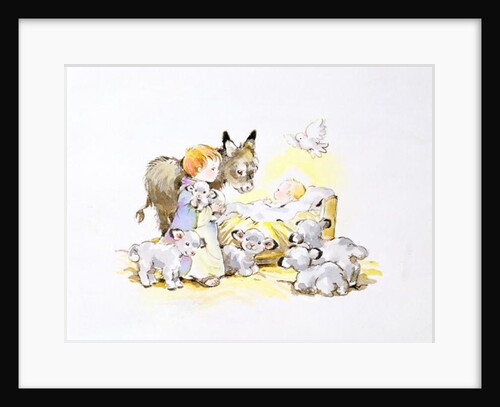 Donkey and Lambs Around a Manger by Diane Matthes