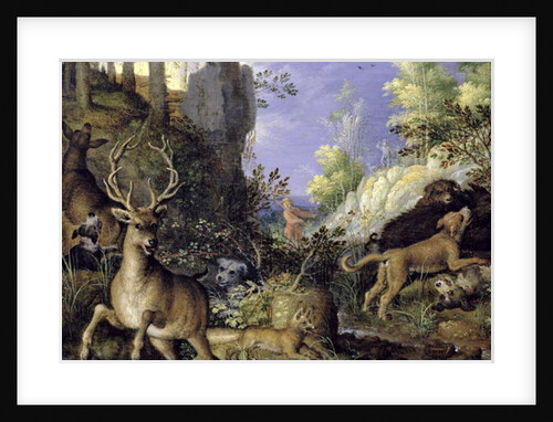 A woodland scene with hunters and animals by Roelandt Jacobsz. Savery