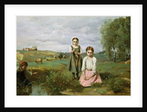 Children beside a brook in the countryside, Lormes by Jean Baptiste Camille Corot