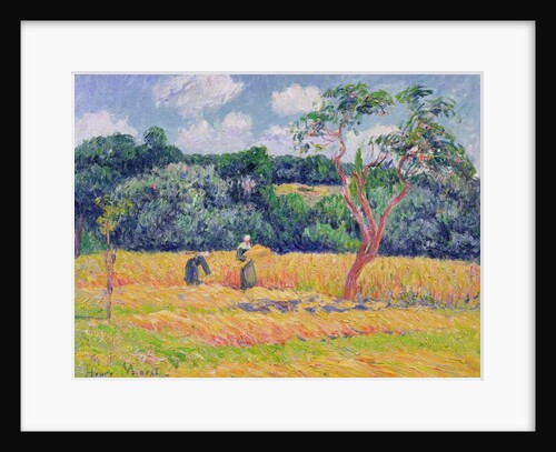 Figures harvesting a wheat field by Henry Moret