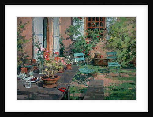 Terrace with Green Chairs, Burgundy by Susan Ryder