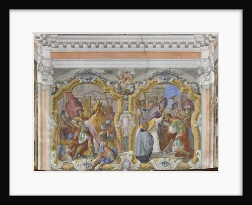 Saint Ambrose banishing the Emperor Theodosius from the Temple and The penitence and blessing of Theodosius, 1696 by Giovanni Battista Pozzo