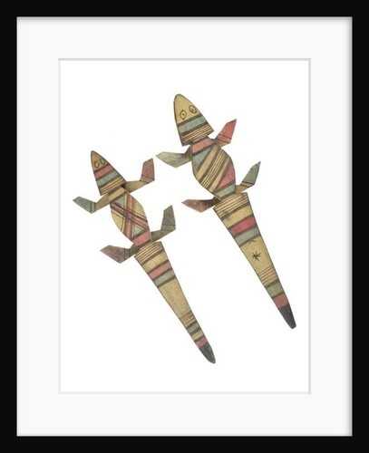 Carved wooden crocodile figures decorated with red, green and black painted geometric patterns, Hausa People, Kano, Northern Nigeria by Nigerian Nigerian