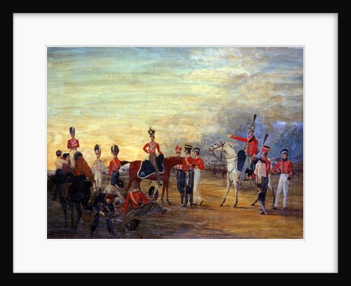 A group of mounted and dismounted officers and men of the Yorkshire Yeomanry in various orders of dress, c.1820 by English School