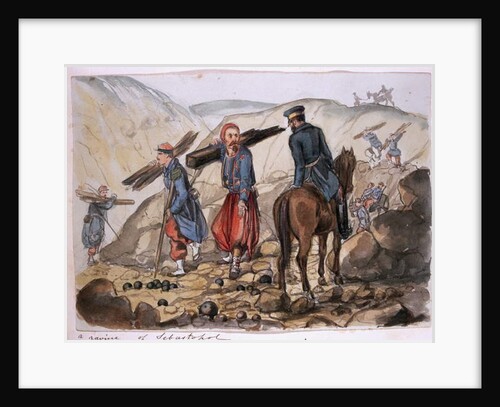 A ravine of Sebastopol after the explosion in the mamelon vert: a Zouave collects wood from the remains by George Cadogan