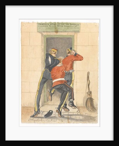 A hussar, an infantryman and a dragoon, all in undress uniform, scrambling for the entrance of a canteen, c.1890 by English School