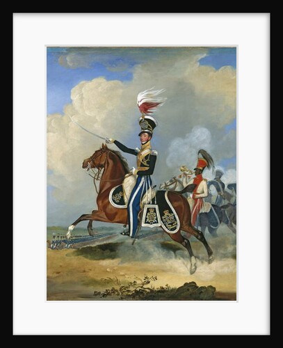Major James John Hugonin, 4th Light Dragoons, with his black trumpeter, two troopers and the regiment beyond, c.1820 by James Pardon
