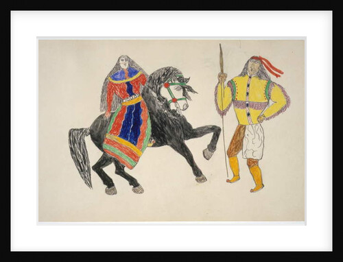 Woman on black horse greets man by Frederick Gokliz