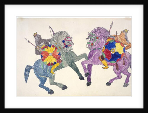 Two men with shields on rearing horses by Frederick Gokliz