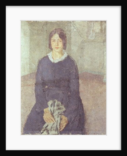 Girl in a blue dress holding a piece of sewing by Gwen John
