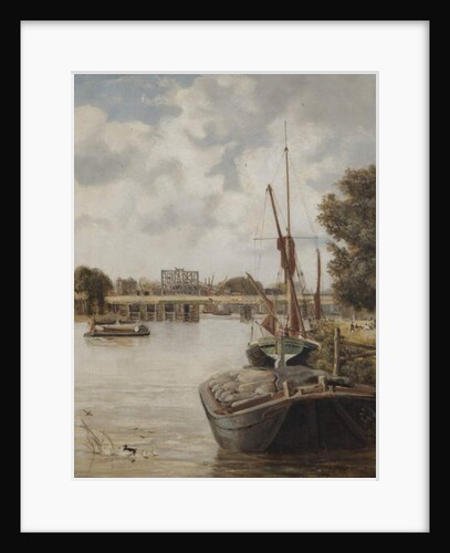 The present Hammersmith Bridge under construction showing the temporary bridge, 1886 by Archibald Webb