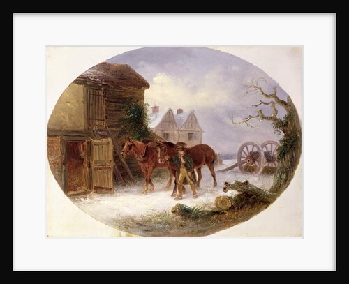Boy leading horses to a barn in the snow by Thomas Smythe