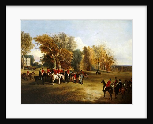 A hunt meet in a parkland with a country house by John Dalby
