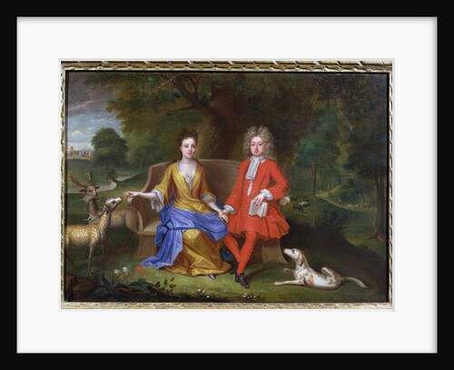 Portrait of Sir Charles Shuckburgh and his wife, Diana, with Shuckburgh Hall, Warwickshire in the background, c.1690 by Adriaen van Diest