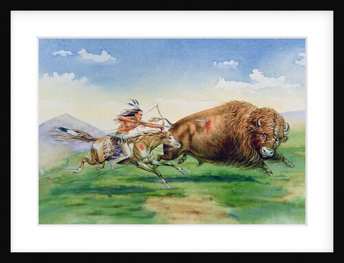 Sioux hunting buffalo on decorated pony by American School