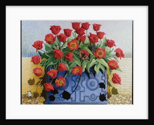 Getting There, 2011 flowers; tulips; still life; window box; toad; frog; butterflies; by Pat Scott