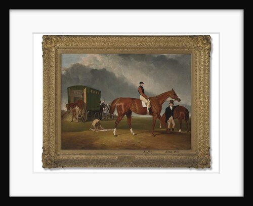 Portrait of Lord George Bentincks Horse Elis with rider, John Day, and trainer, John Doe, Doncaster, 1836 by Abraham Cooper