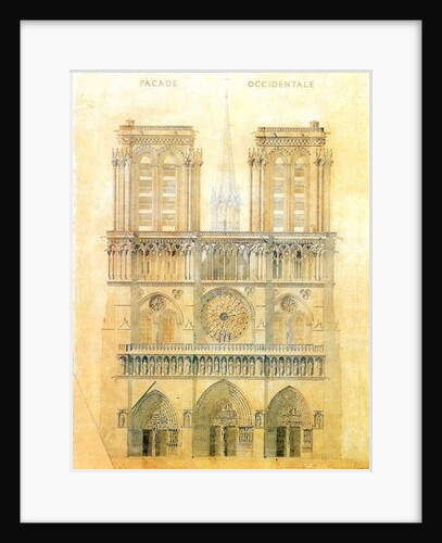 Project of for restoration of west facade of Notre Dame cathedral in Paris with the spire, 1843 by Eugene Emmanuel Viollet-le-Duc