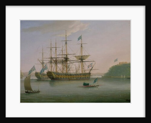 Two British Men of War moored under Mount Edgecomb, Plymouth with the admiral's barge returning to shore by Dominic Serres