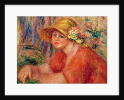 Portrait of a woman in a hat decorated with flowers by Pierre Auguste Renoir