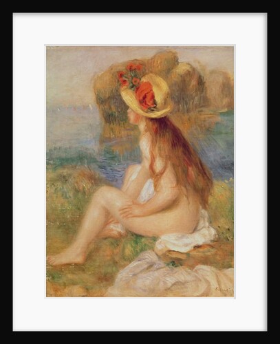 Seated female bather in a straw hat by Pierre Auguste Renoir
