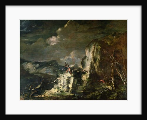 Rocky Landscape with a Huntsman and Warriors by Salvator Rosa