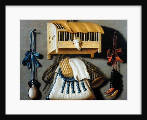 Trompe l'oeil of hunting equipment and a bird cage by Johannes Leemans
