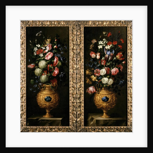 Pair of still lives of flowers in decorative gold vases with lapiz cartouches by Juan de Arellano