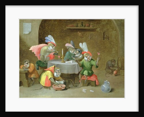 A Tavern Interior with Monkeys drinking and smoking by Ferdinand van Kessel