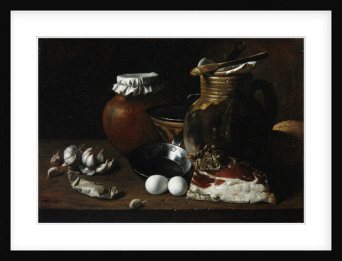 A still life of ham and eggs by Luis Egidio Menendez or Melendez