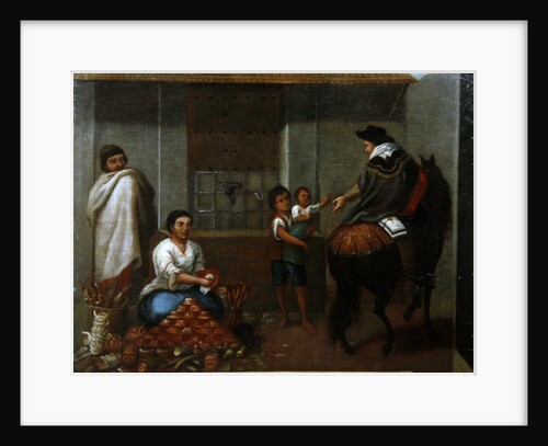 Three figures by a market stall by Mexican School
