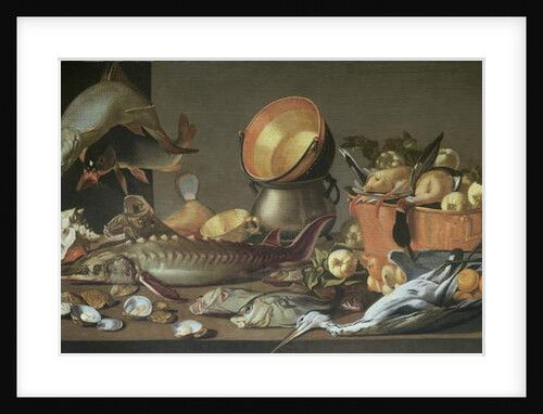 A Still Life of a Sturgeon and other Fish, Ducks and a Heron by Dirck Govertsz