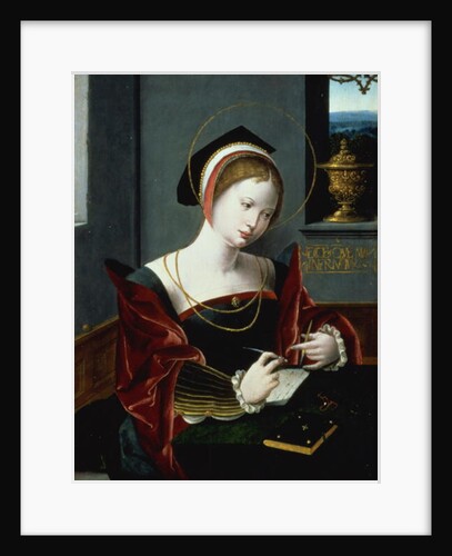 Portrait of a lady writing by Master of the Female Half Lengths