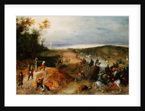 Cavalry attacking horse-drawn wagons by Sebastian Vrancx