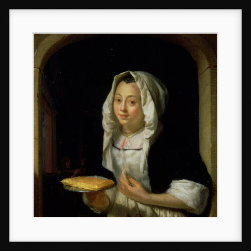 Portrait of a maid holding a waffle by Godfried Schalcken